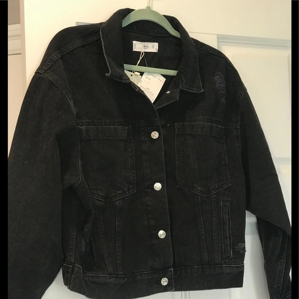 NWT Mango MNG Denim Black Distressed Jacket M - Picture 1 of 10